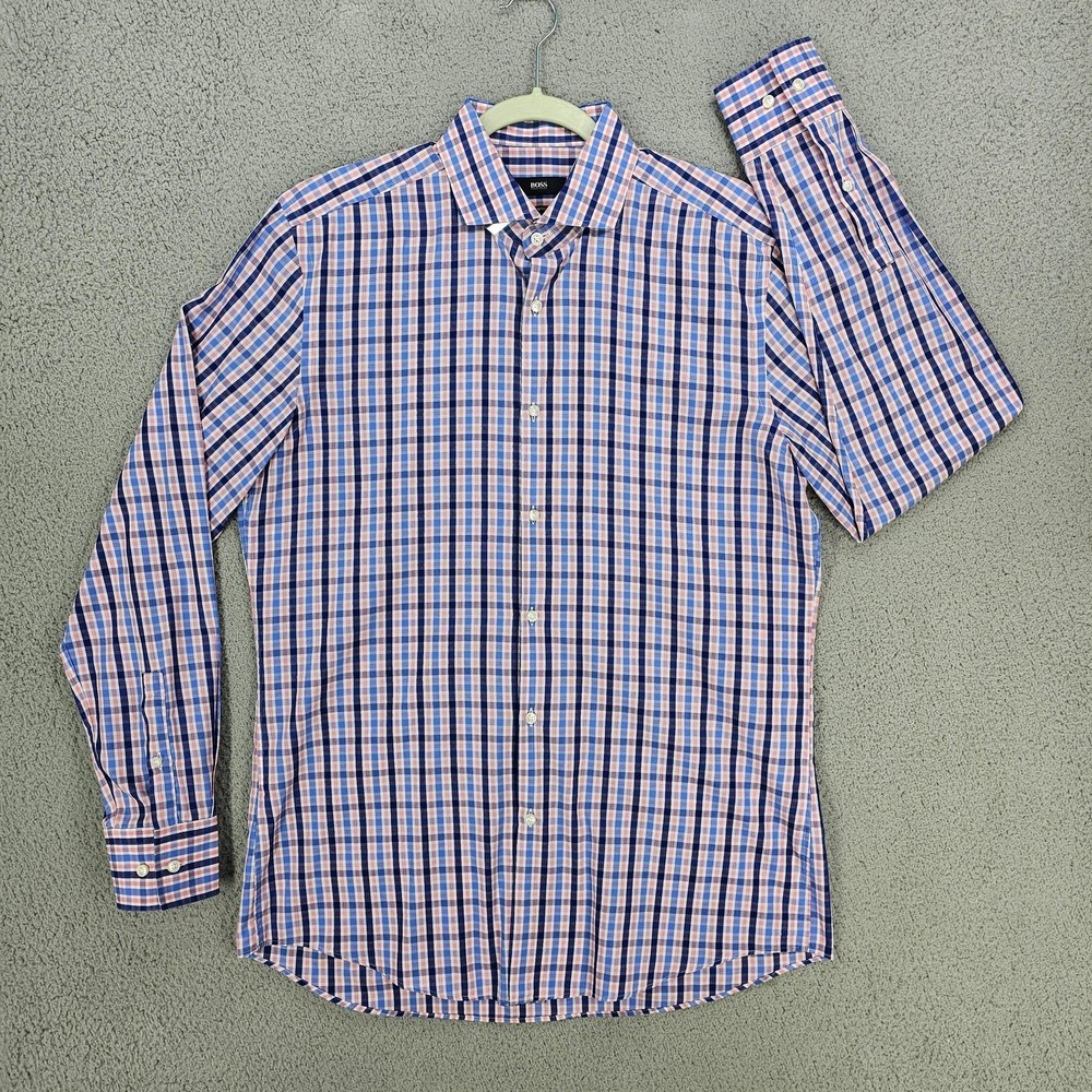 Hugo Boss Jason Shirt Mens 16.5 34/35 Blue Pink Plaid Slim Fit Dress Long Sleeve